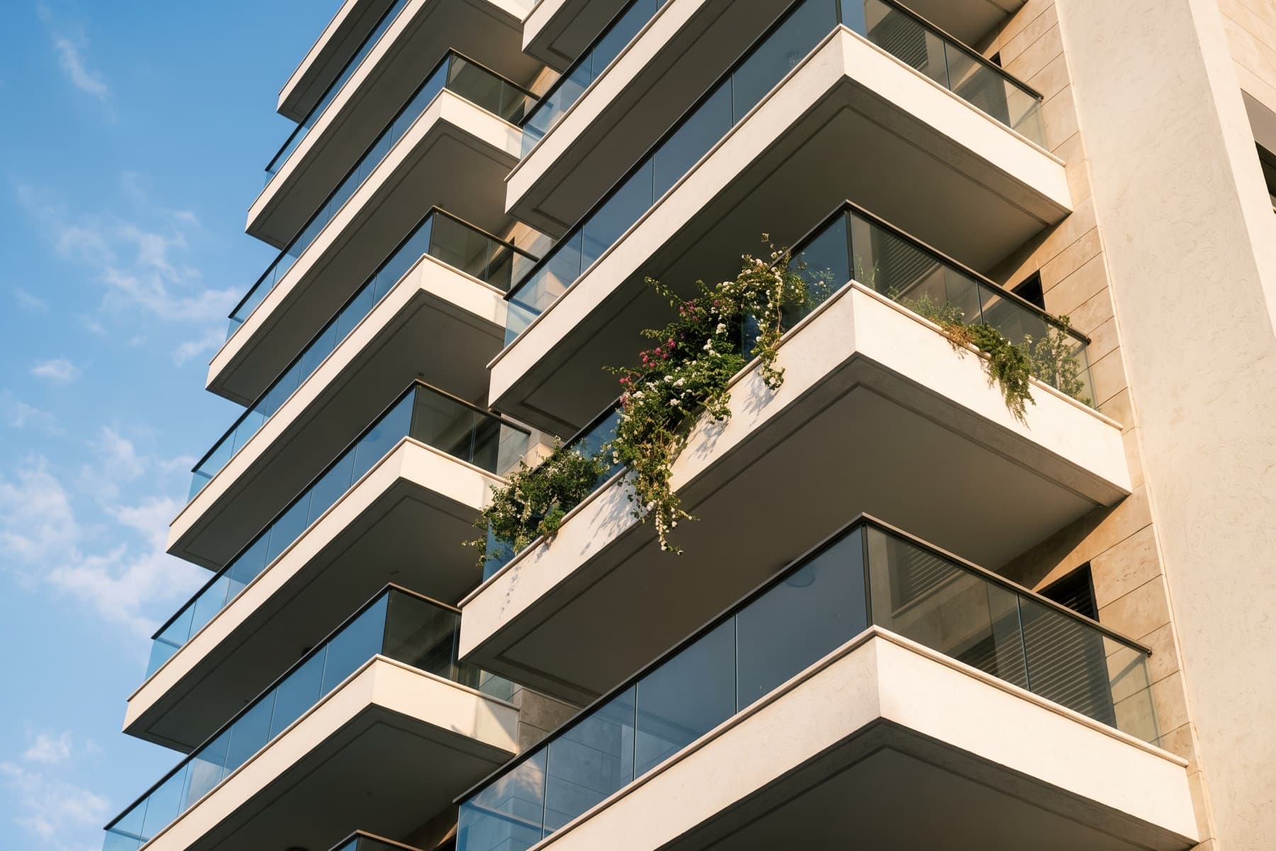Rothschild penthouse: the building's stacked balconies from the street