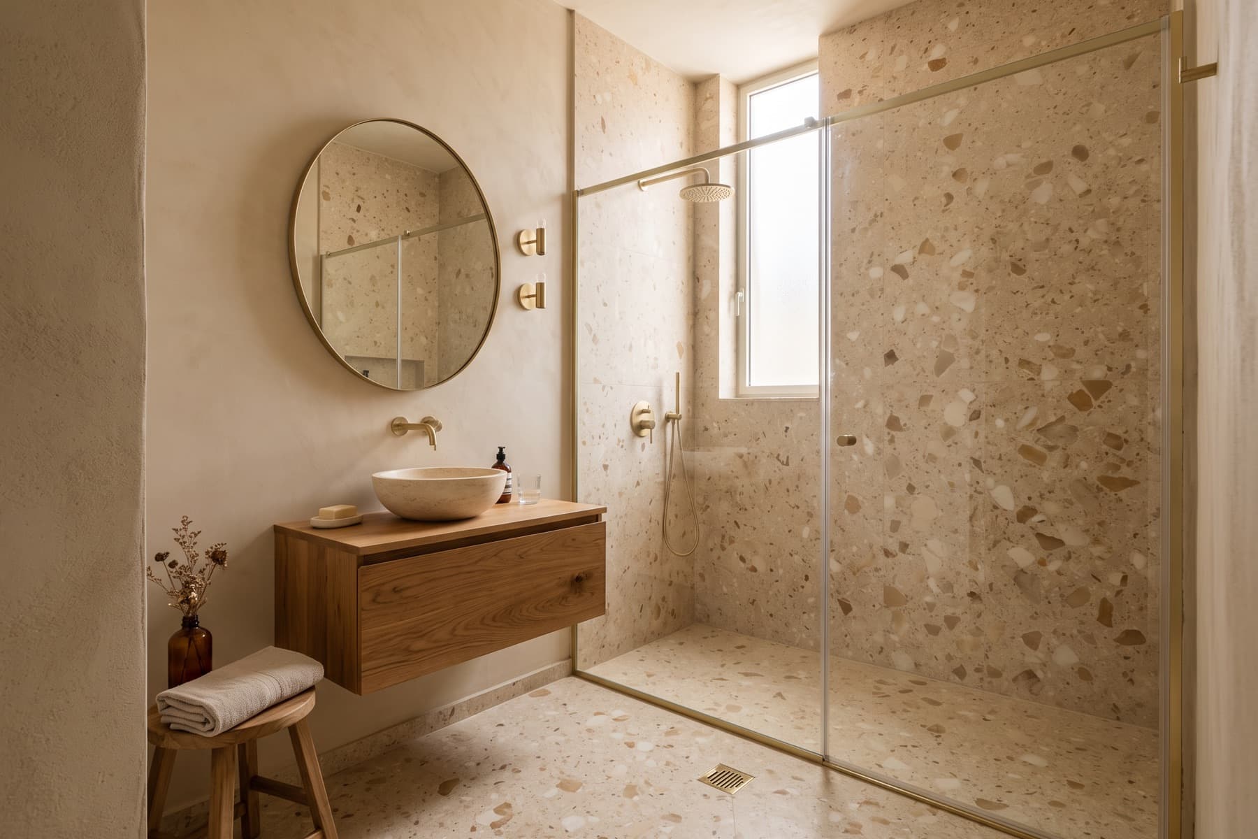 Neve Tzedek residence: bathroom with walk-in shower and warm terrazzo