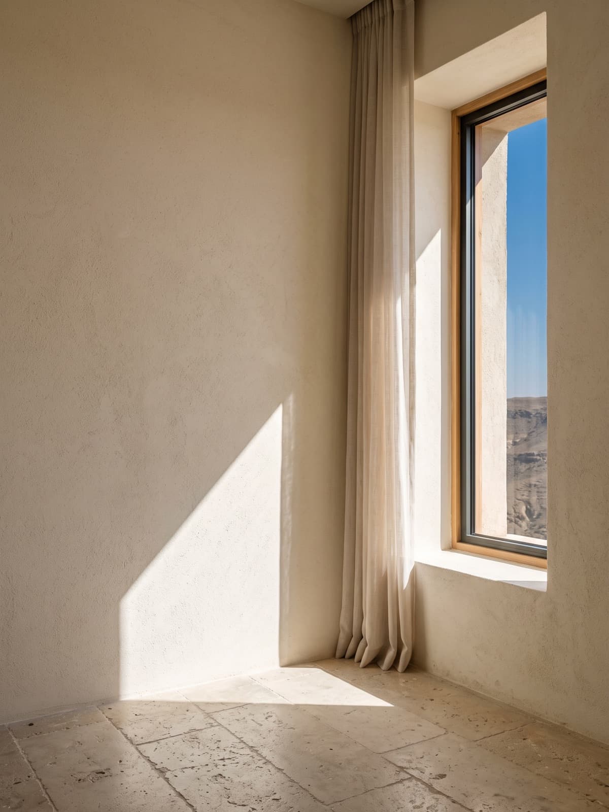 A deep window reveal in pale plaster with a sheer curtain and a band of afternoon light