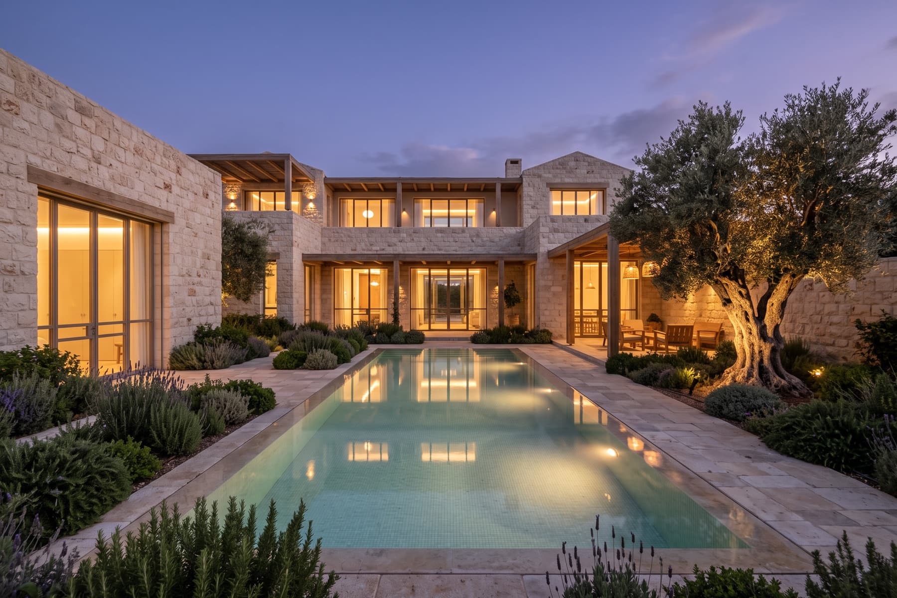Caesarea hillside villa: courtyard and pool at dusk