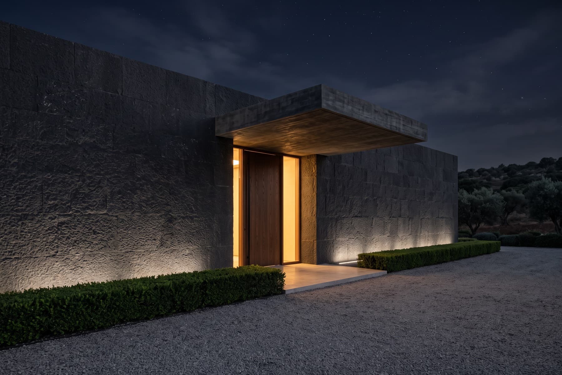 Nof Yam estate: the entrance elevation at night