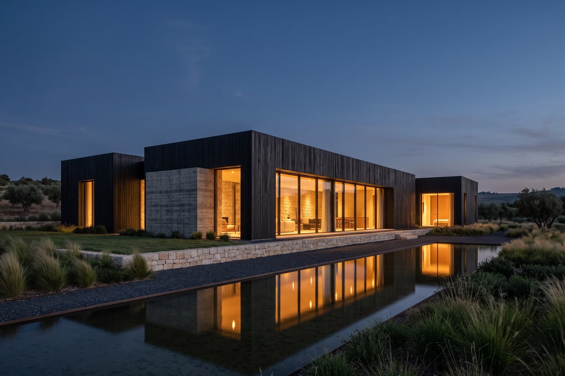 Nof Yam estate: dark-clad massing lit from within at dusk