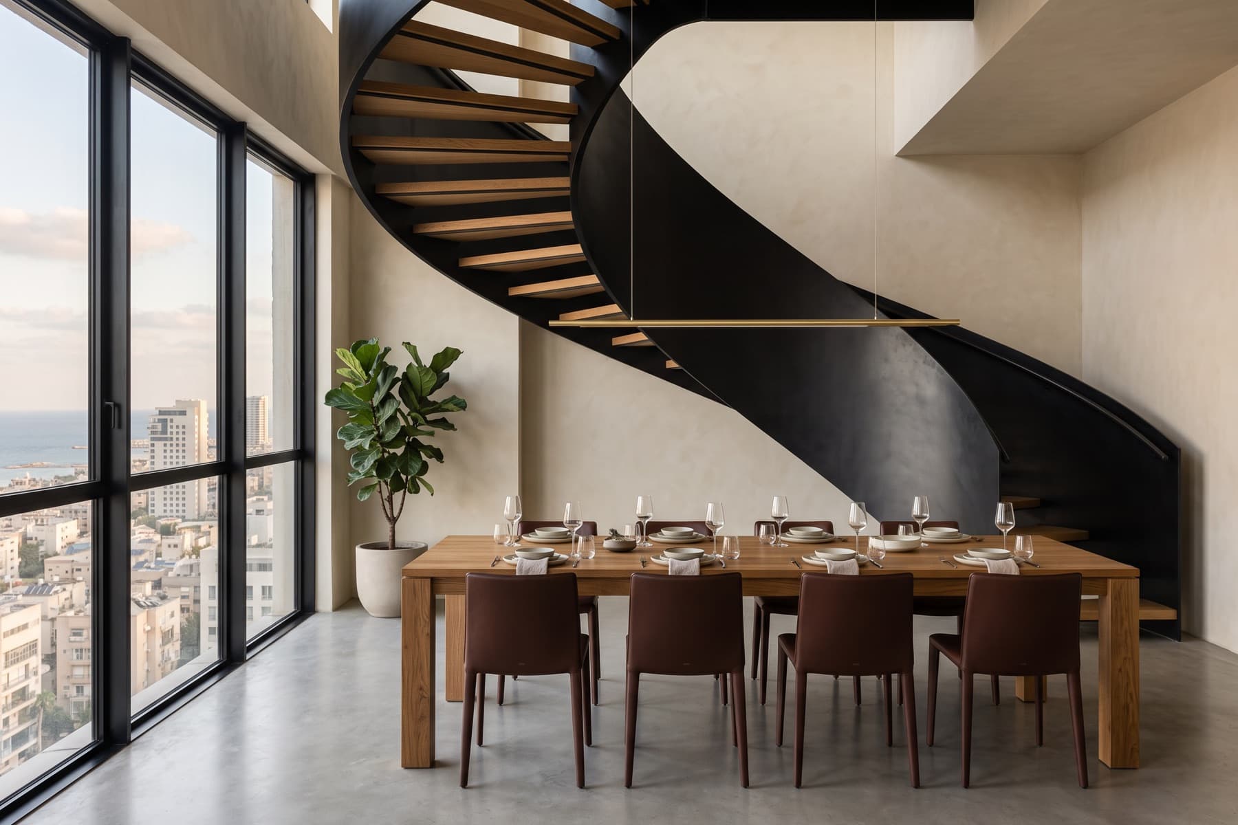 Rothschild penthouse: dining area beneath the sculptural internal stair
