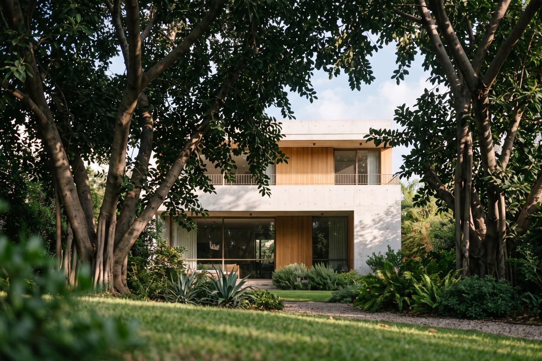 Meridian Herzliya: the garden elevation seen through mature trees
