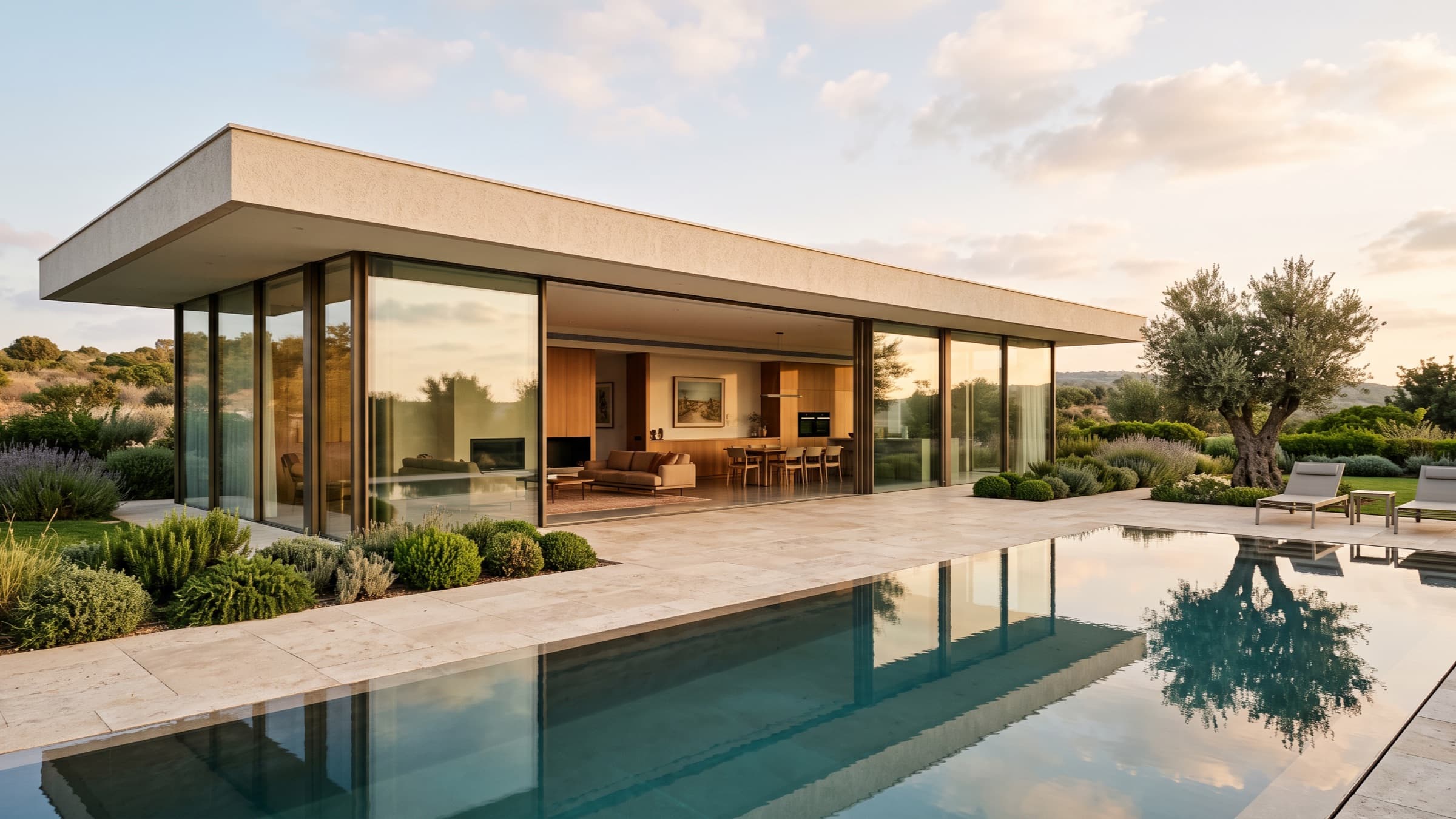 A glazed living pavilion beside a pool terrace