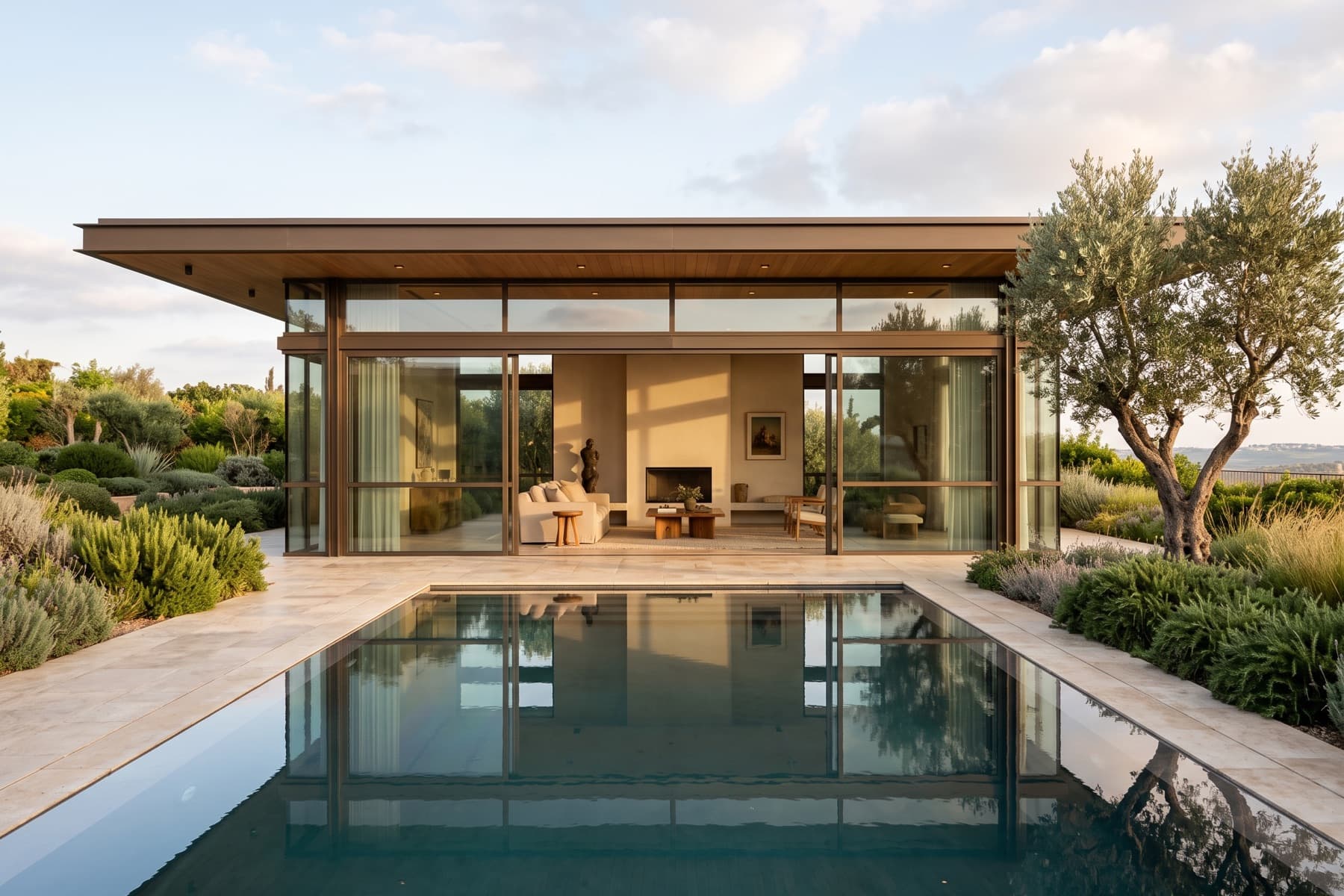 Herzliya seafront villa: glazed living pavilion opening to the pool