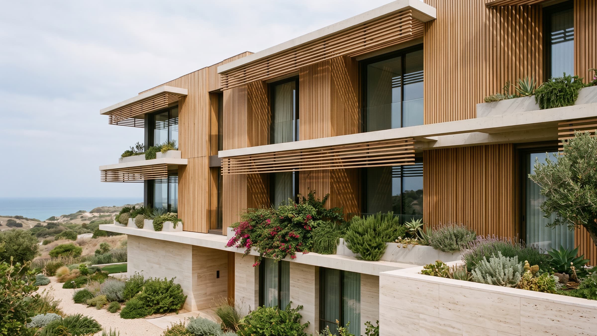 Timber-clad facade with deep horizontal shading fins