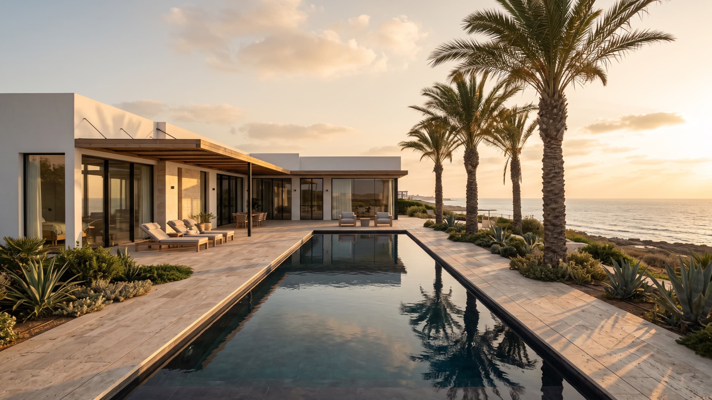 Contemporary villa with a full-length pool and mature palms at golden hour