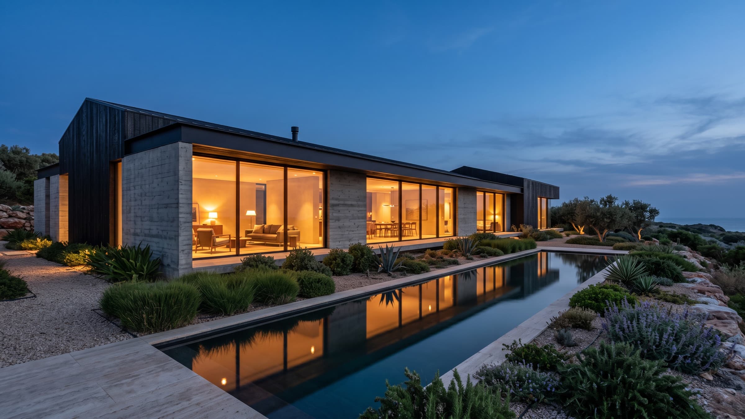 Dark-clad contemporary residence lit from within at dusk