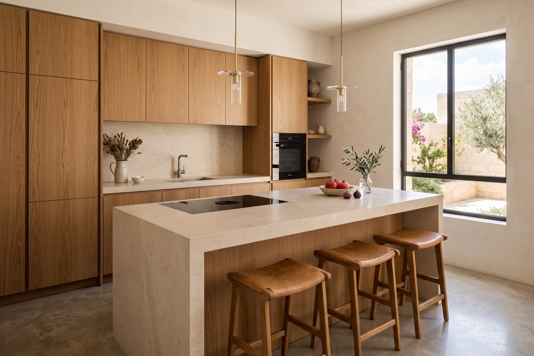 Caesarea hillside villa: kitchen with a stone island and bar seating