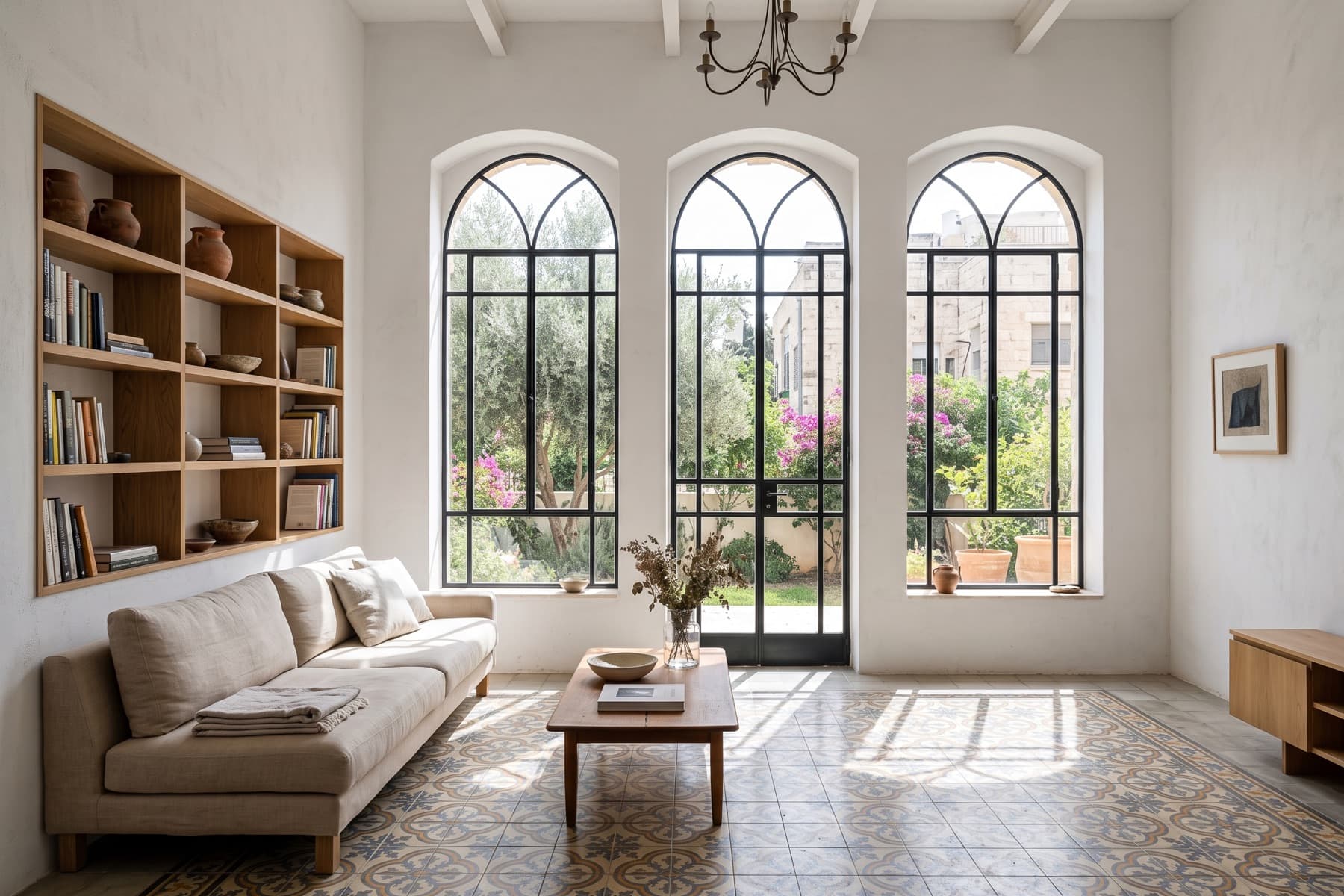 Neve Tzedek residence: bright living room with original ceiling height