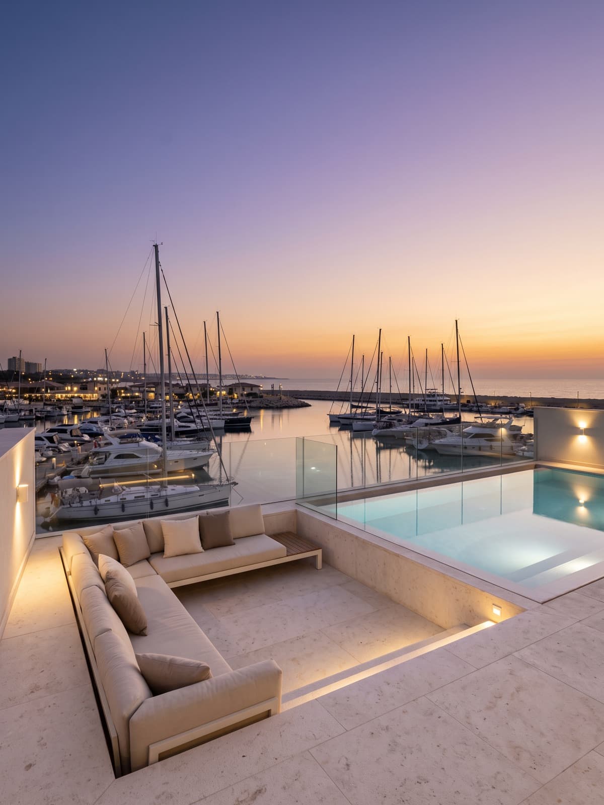 Waterfront terrace and pool at the Ashdod marina at dusk