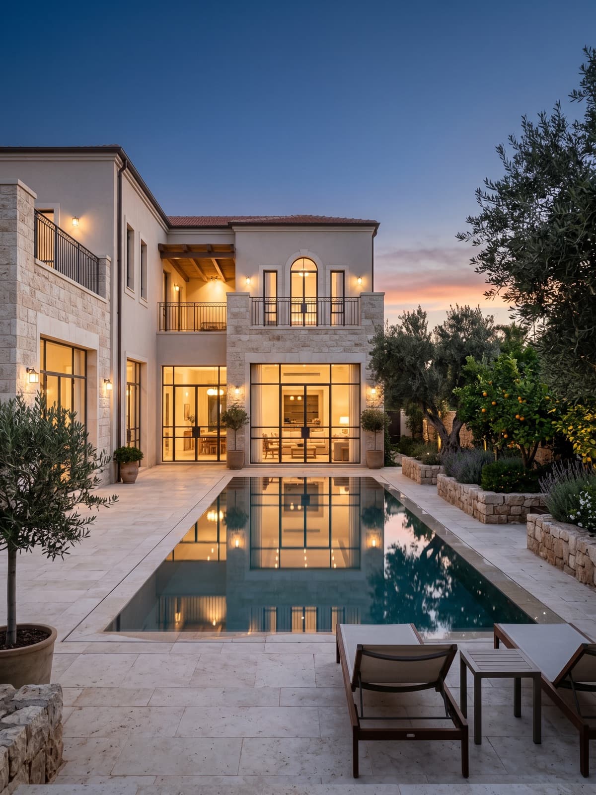 Mediterranean villa and pool courtyard at dusk in Caesarea