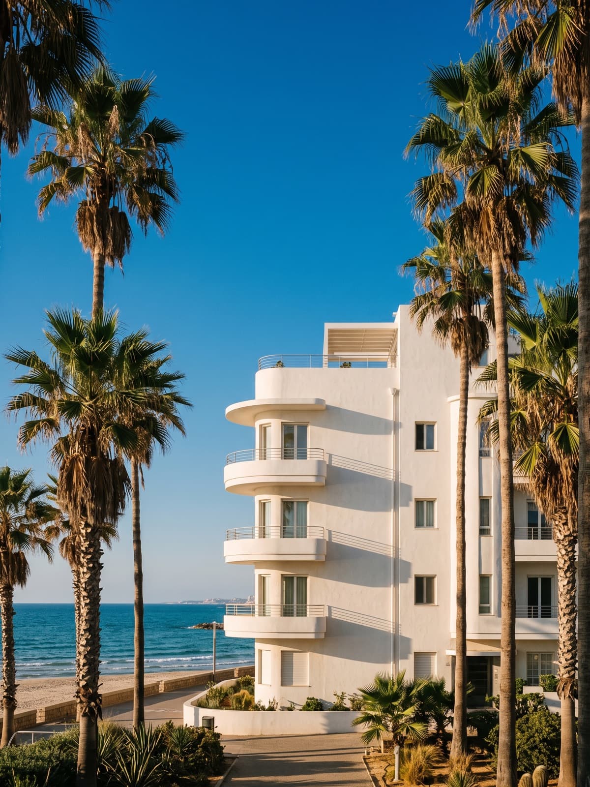 White modernist seafront building framed by palms in Tel Aviv
