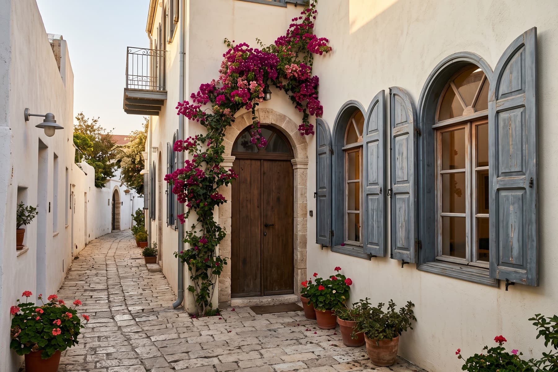 Neve Tzedek residence: the whitewashed lane approach with bougainvillea