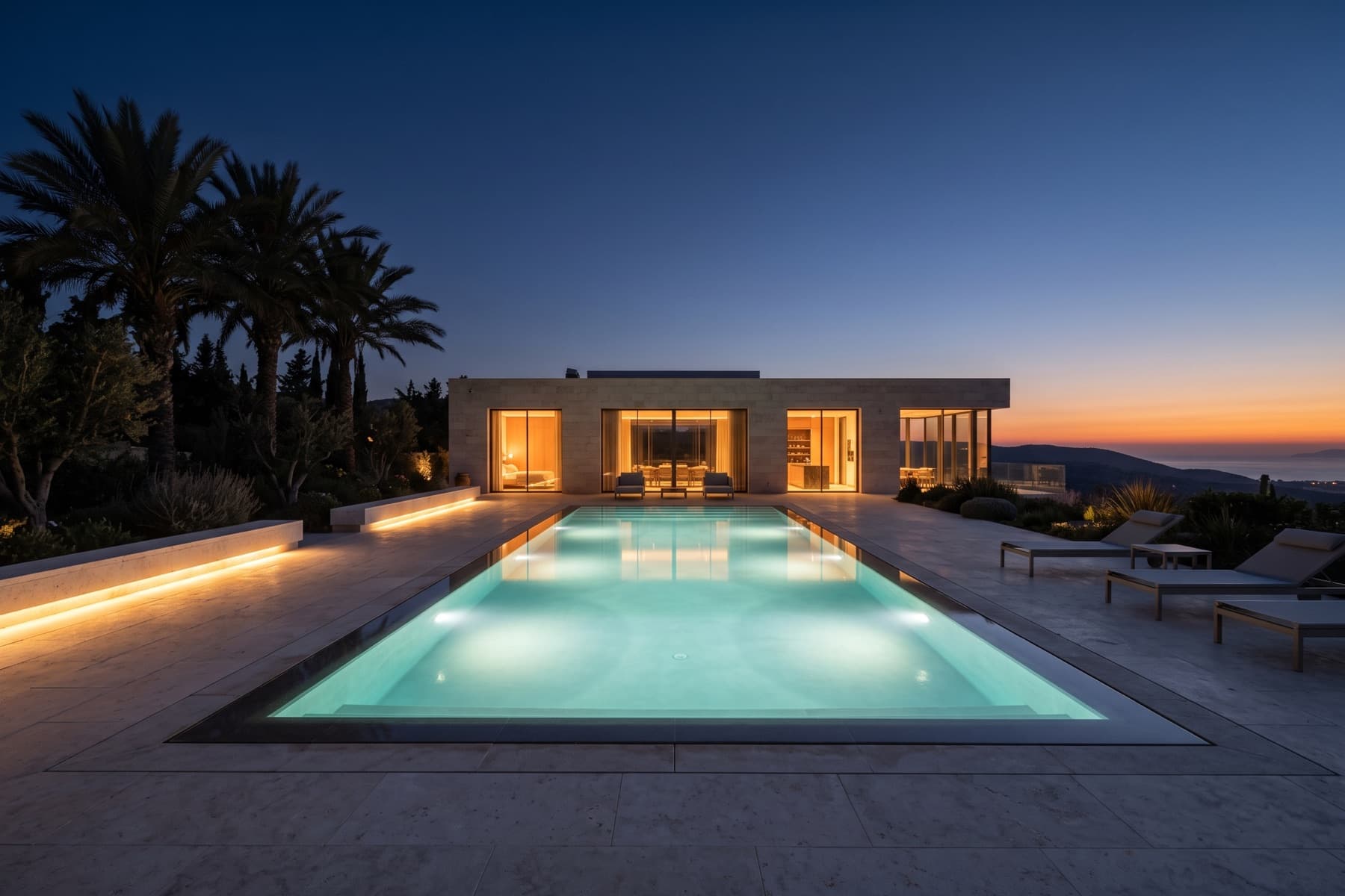 Herzliya seafront villa: the pool terrace after sunset