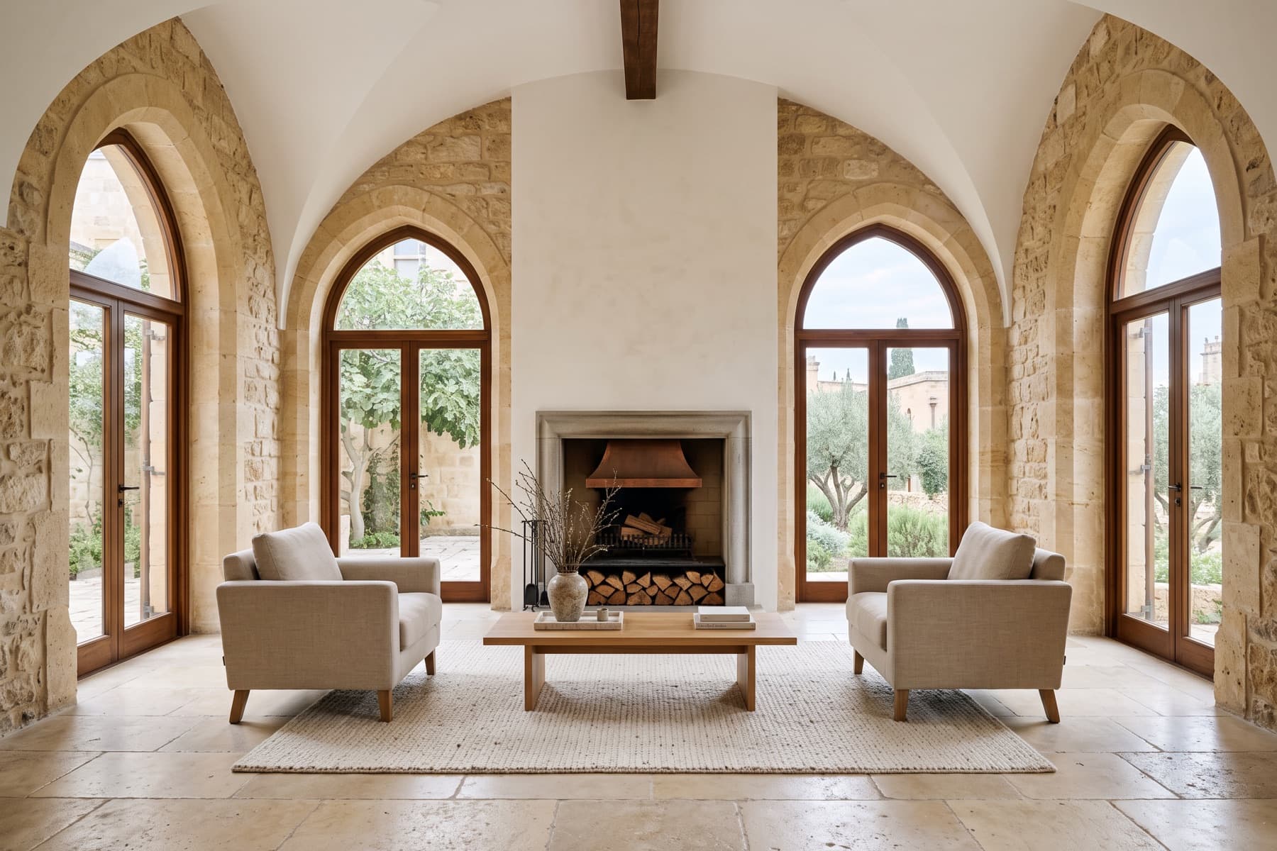 Neve Tzedek residence: reception with arched windows and open fireplace