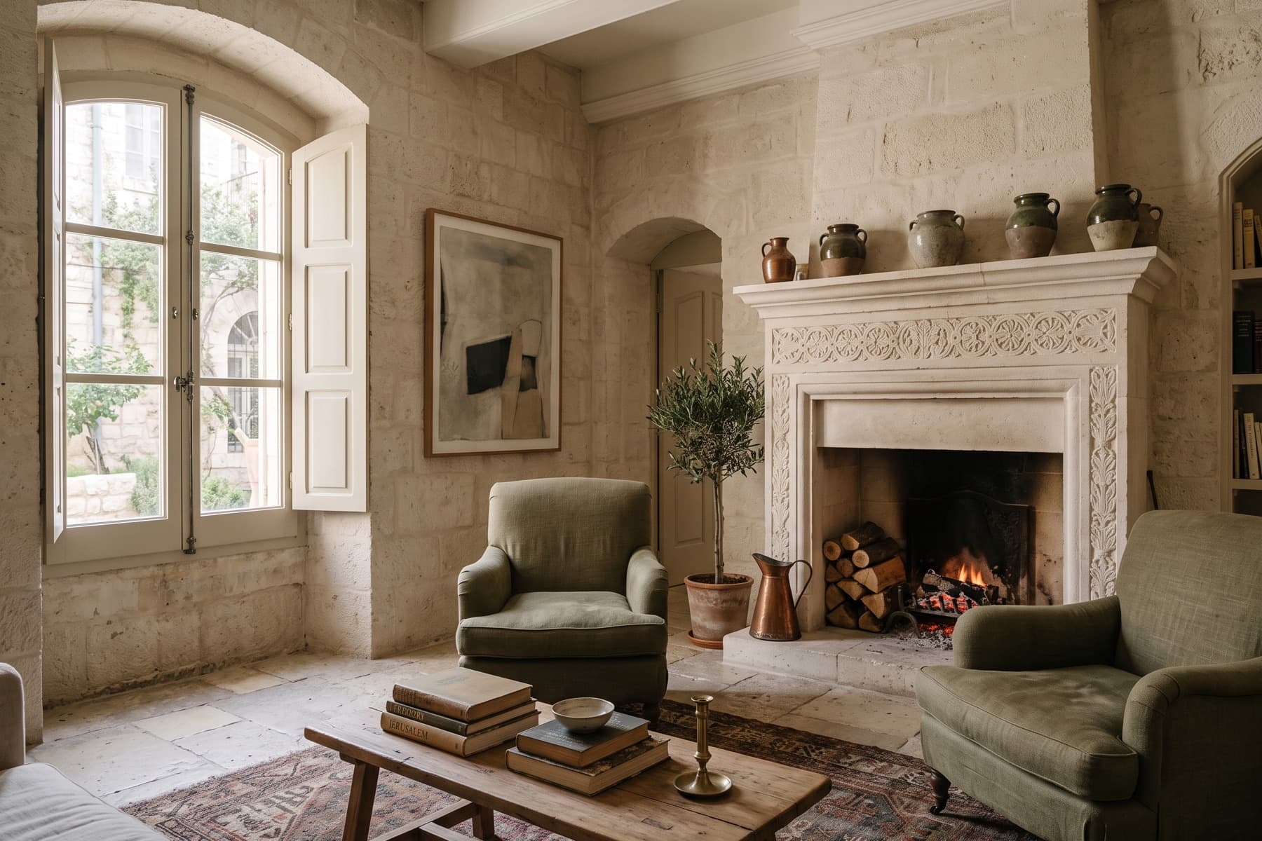Talbiya residence: sitting room with an original fireplace