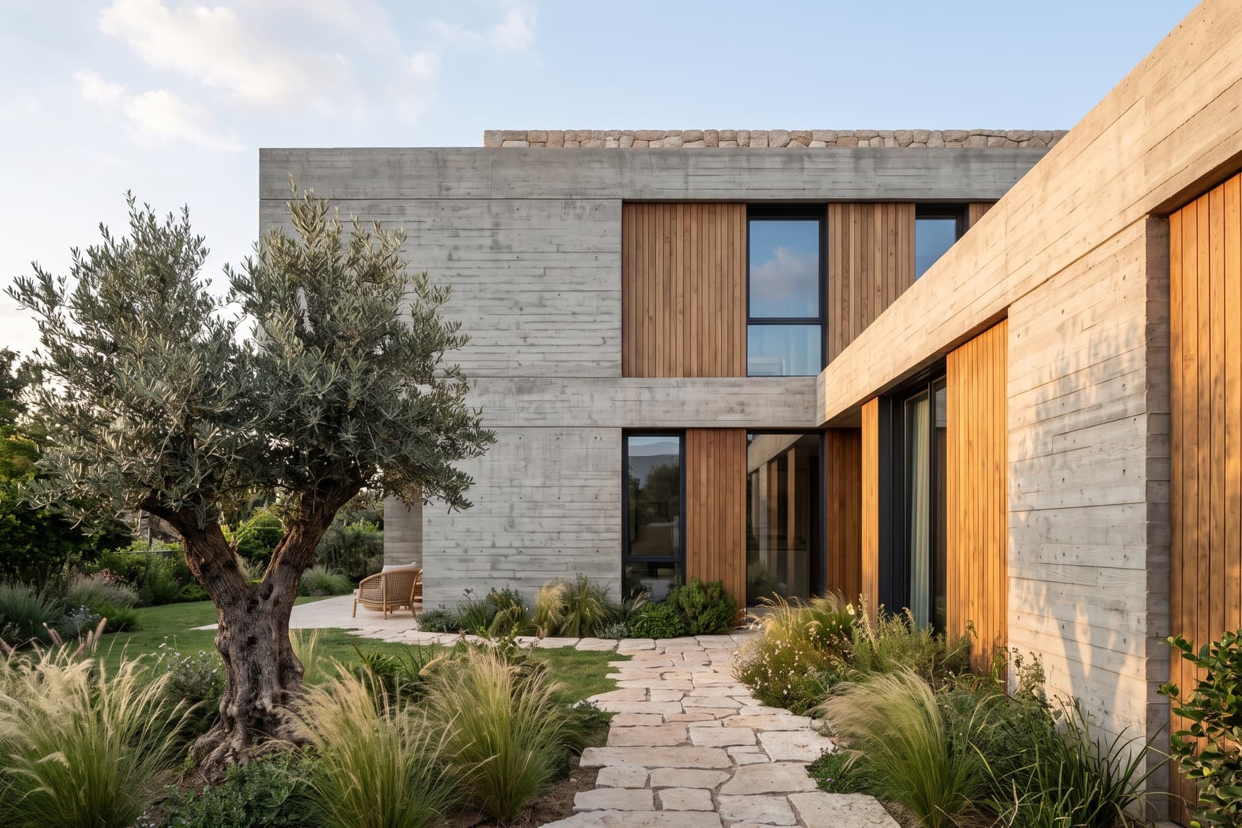 Nof Yam estate: timber and concrete garden elevation