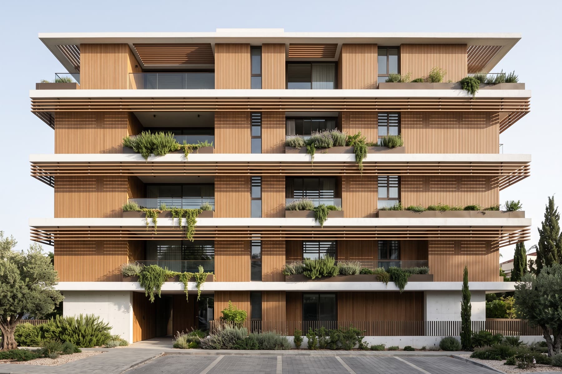 Meridian Herzliya: timber-clad elevation with deep shading fins