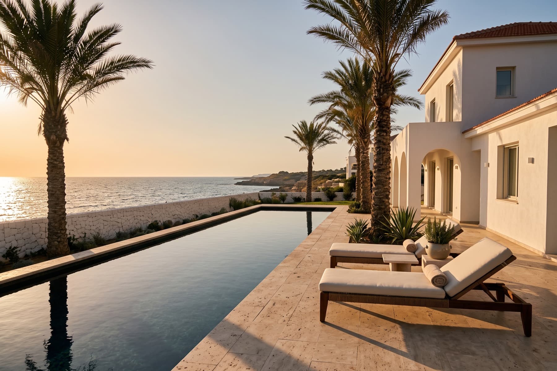 Herzliya seafront villa: pool and terrace at golden hour