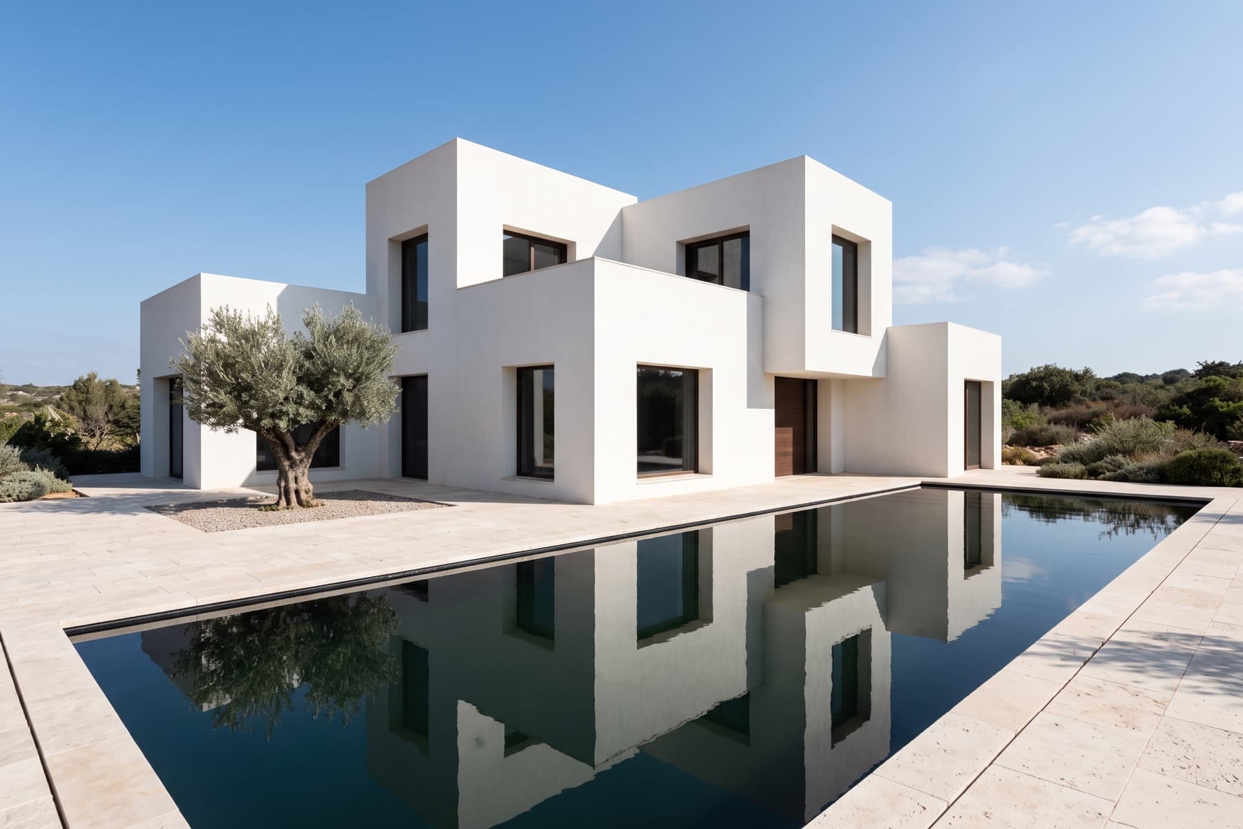 Caesarea hillside villa: white massing above the pool