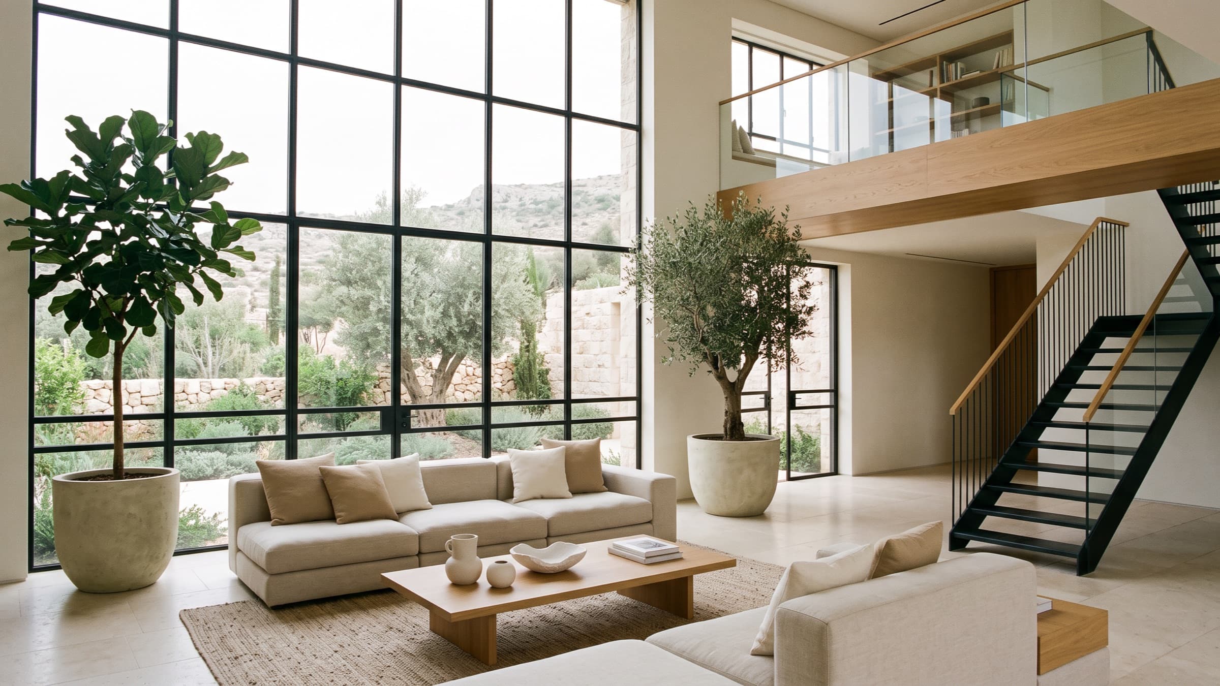 Double-height living space with planting and layered seating