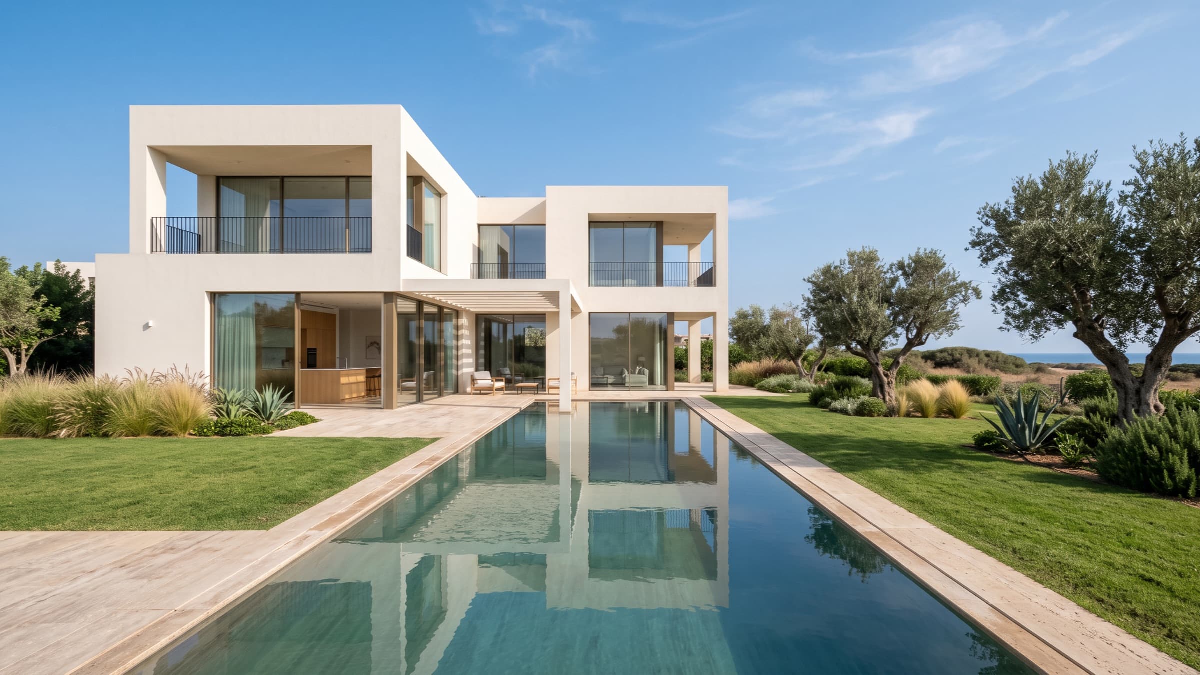Contemporary white villa above a full-length pool