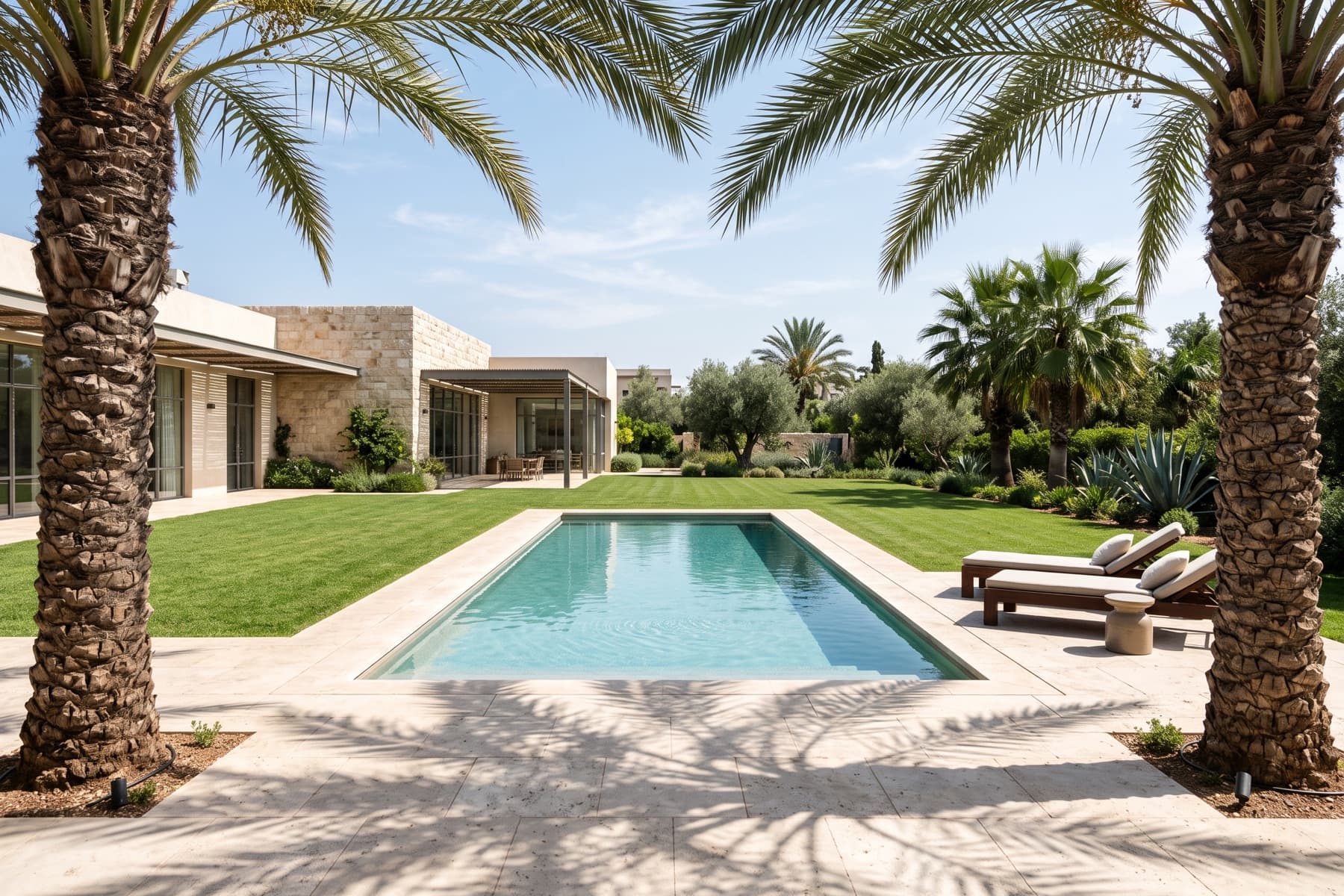 Caesarea golf residence: pool terrace framed by palms