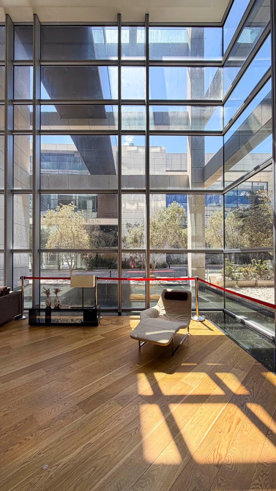 Double-height glazed lobby of the tower
