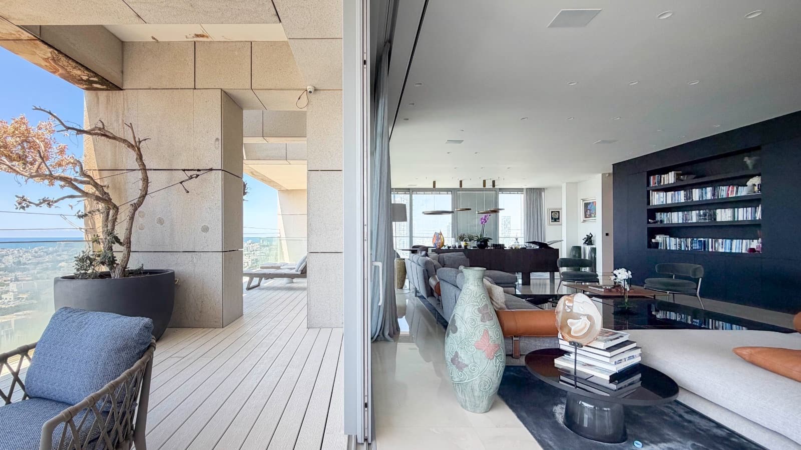 Stone colonnade where the interior meets the terrace deck