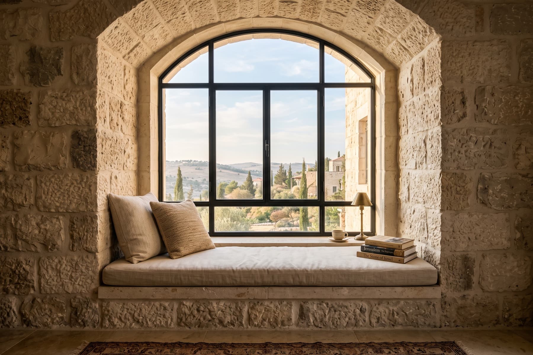A deep window reveal looking out across the hills